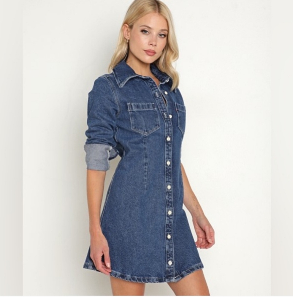 LEVI'S Button Front Long-sleeve Denim Mini Dress XS